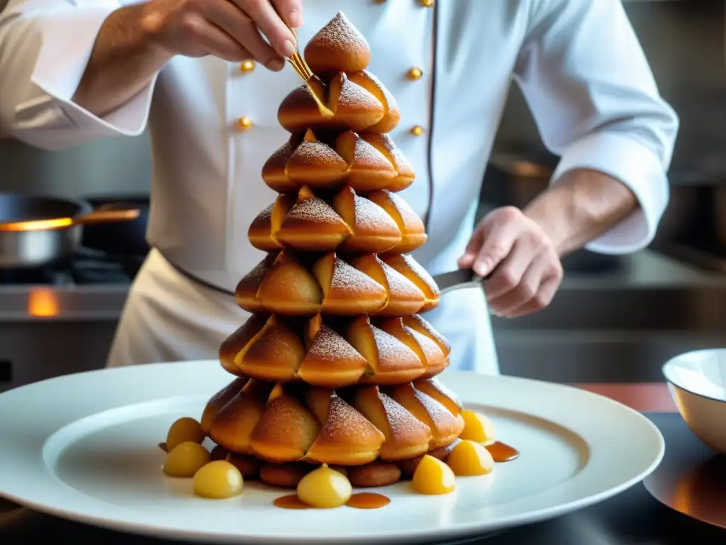 Un chef de pastelería francés crea un croquembouche en una cocina llena de detalles, mostrando la magia de la pastelería francesa en el cine