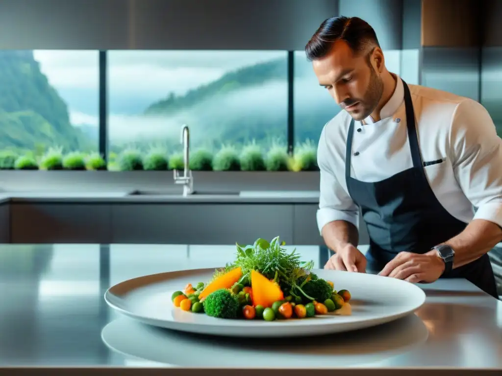 Chef francés de Nouvelle Cuisine en cocina minimalista, plato meticulosamente decorado