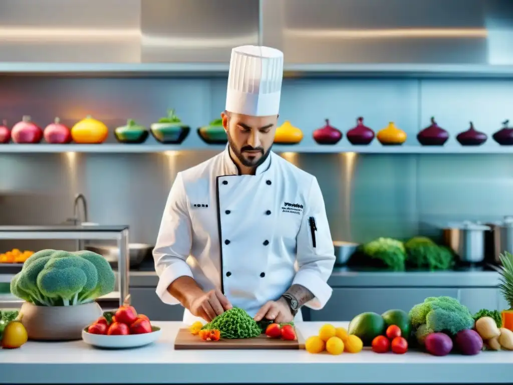 Chef en cocina moderna usando impresión 3D para crear diseños alimenticios sostenibles y detallados