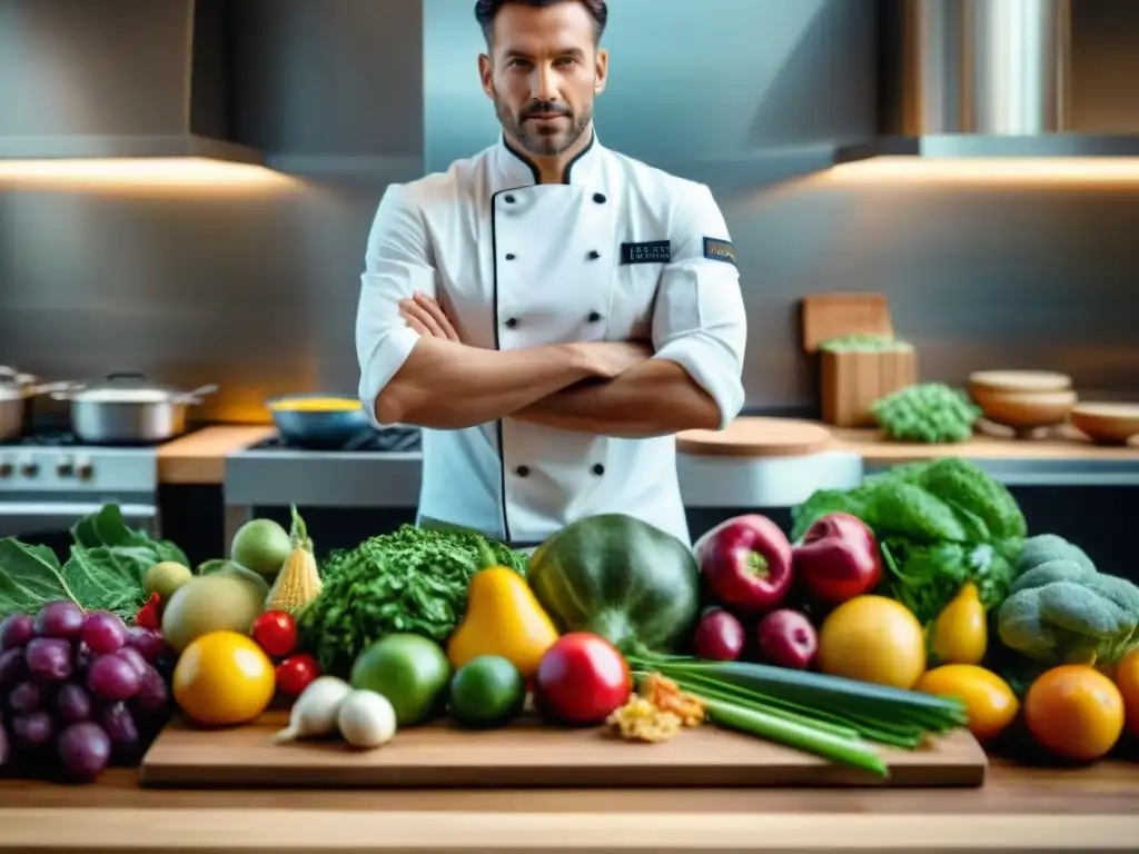 Chef en cocina moderna, arreglando frutas y verduras vibrantes en tabla de cortar