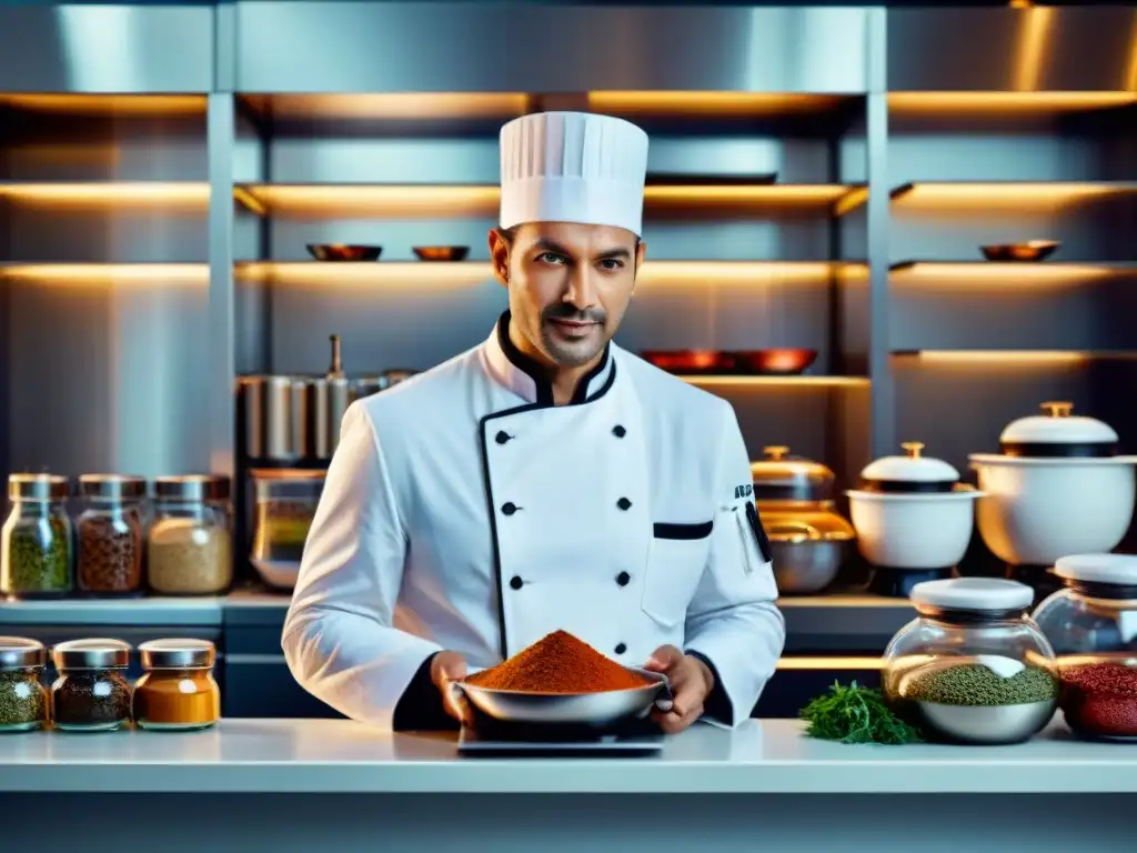 Un chef en cocina moderna con gadgets y app de cocina francesa innovadora en smartphone