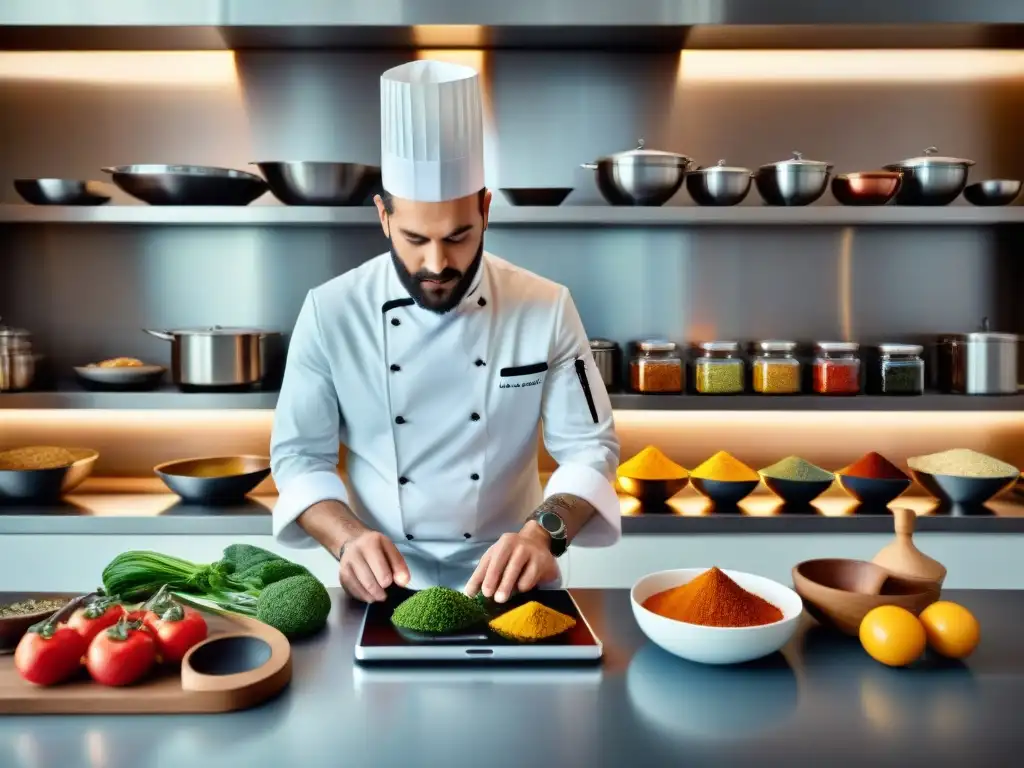 Chef francés fusionando tradición y tecnología en cocina de vanguardia Chef francés en cocina moderna usando herramientas digitales para chefs franceses