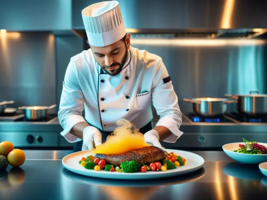 Un chef francés hábil en una cocina moderna creando una innovadora obra culinaria