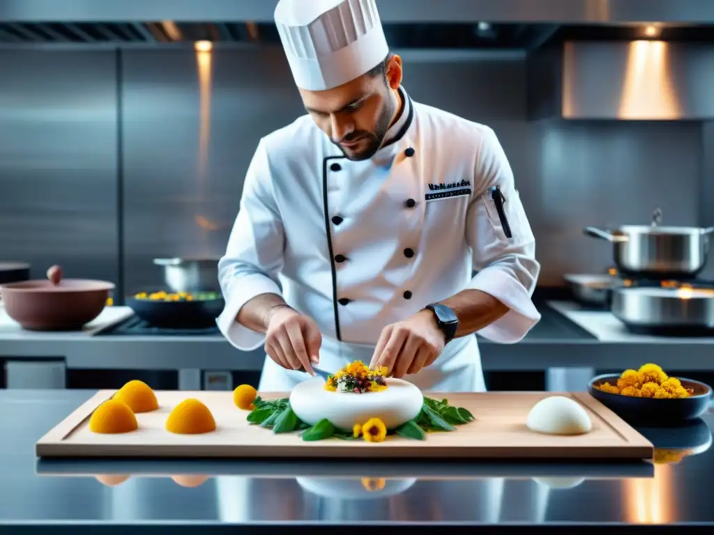 Chef francés en cocina moderna, creando maridajes contemporáneos gastronomía francesa con ingredientes innovadores y flores comestibles