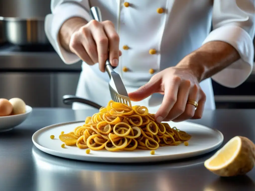 Un chef francés hábil rallando raíz de jengibre en una cocina moderna, fusionando técnicas culinarias con sabor a jengibre