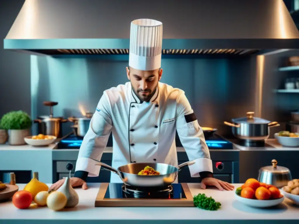 Chef francés en cocina parisina con gadgets futuristas y herramientas de Inteligencia Artificial, fusionando tradición e innovación culinaria