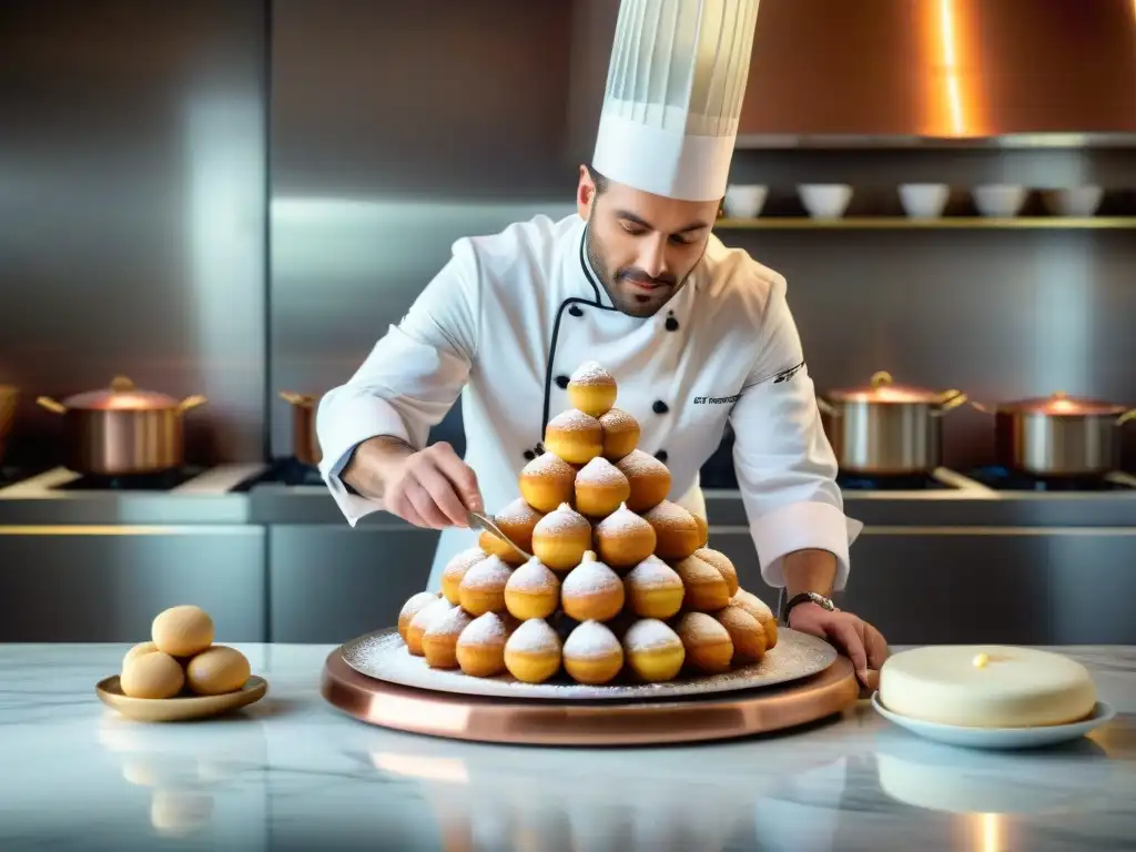 Un chef francés crea un croquembouche con precisión en una cocina parisina