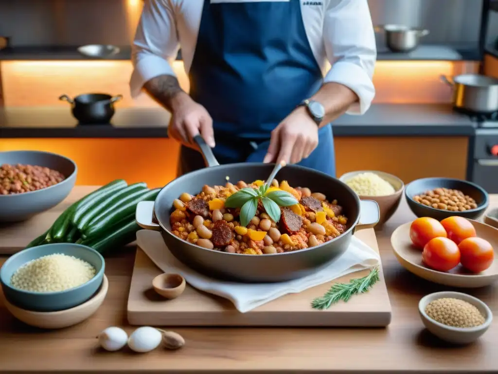 Un chef en una cocina profesional con ingredientes internacionales, preparando un guiso francés