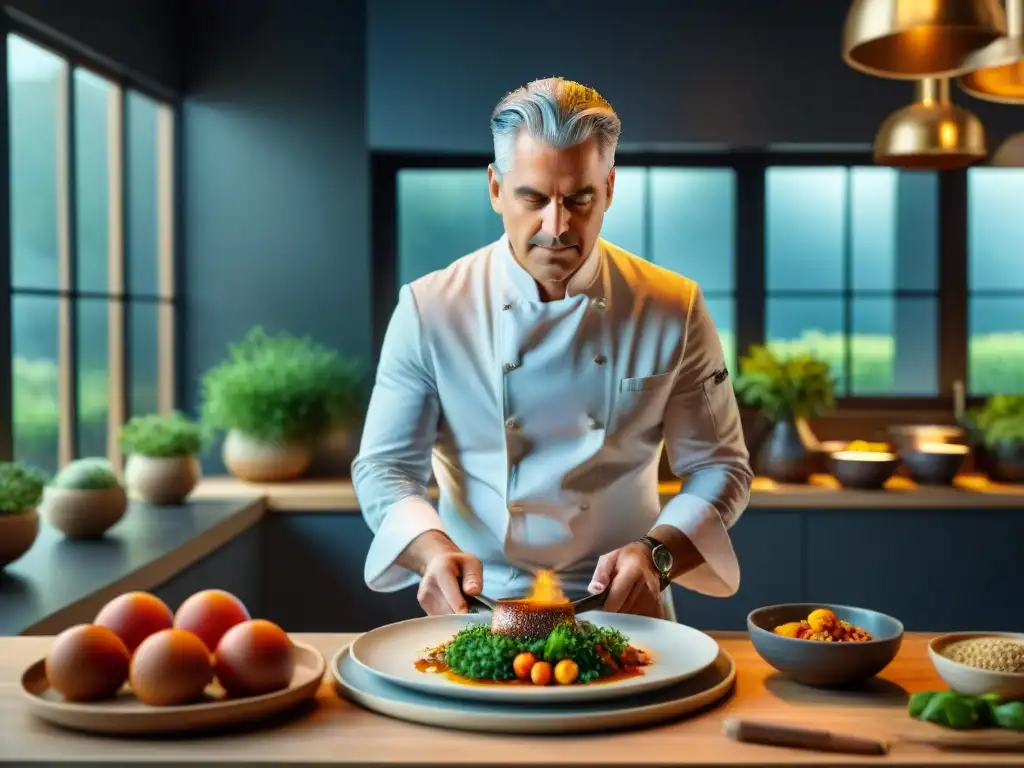 Chef Éric Ripert en su cocina profesional, creando platos de Cocina francesa tradicional innovadora