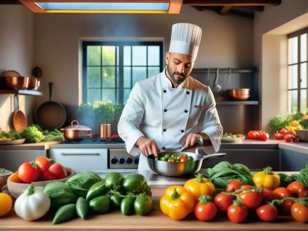 Chef francés en cocina provenzal: filletea un lubina rodeado de ingredientes frescos