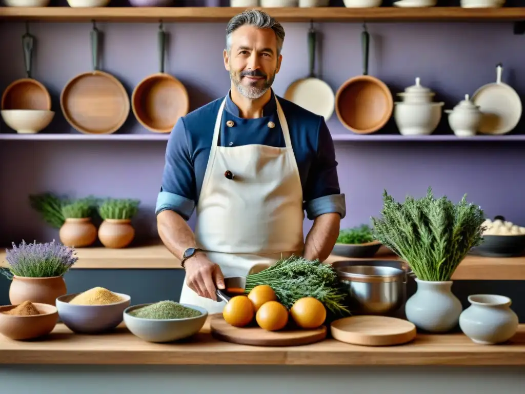 Chef en cocina provenzal reinterpretando tradición con toque moderno