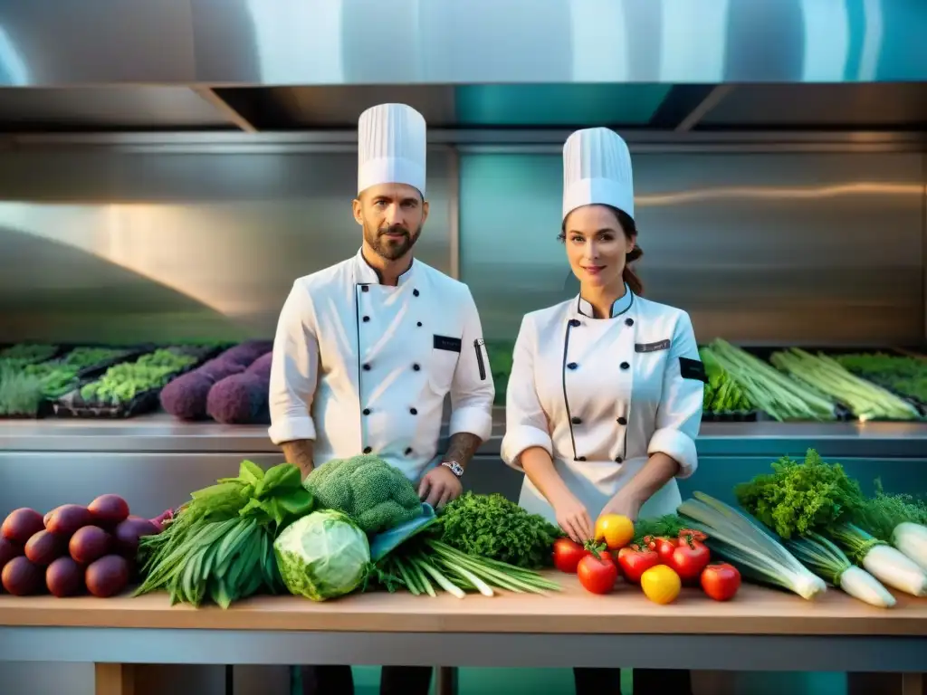 Chef en cocina de restaurante francés vanguardia seleccionando productos orgánicos de jardín de permacultura