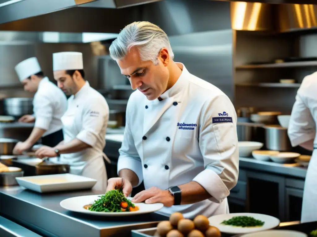 Chef Éric Ripert en su cocina de Le Bernardin, rodeado de un equipo concentrado preparando platos franceses