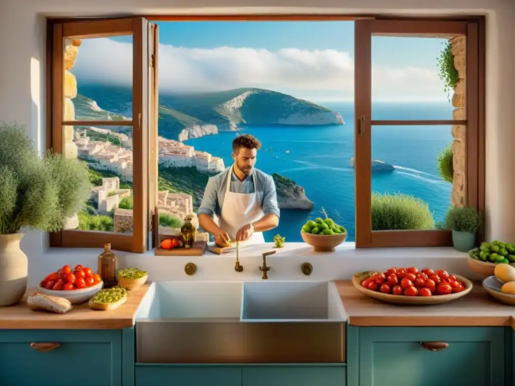 Un chef en una cocina rústica francesa con ingredientes mediterráneos, vista al mar