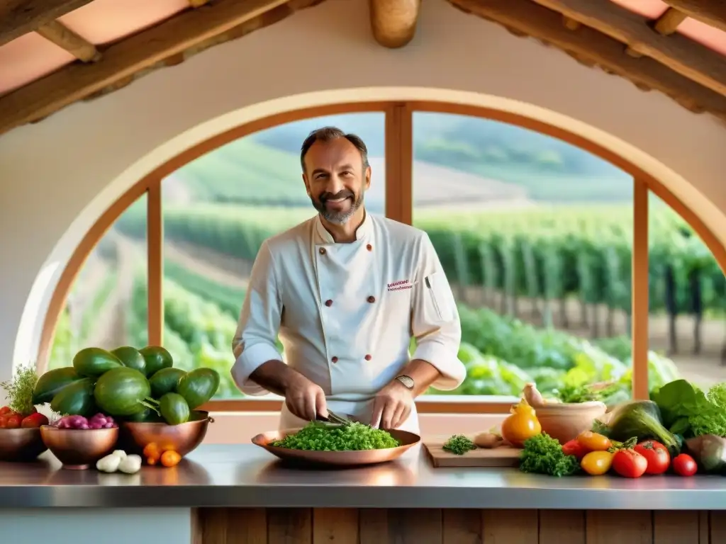 Chef francés en cocina rústica entre viñedos y huertos preparando plato de granja con pasión