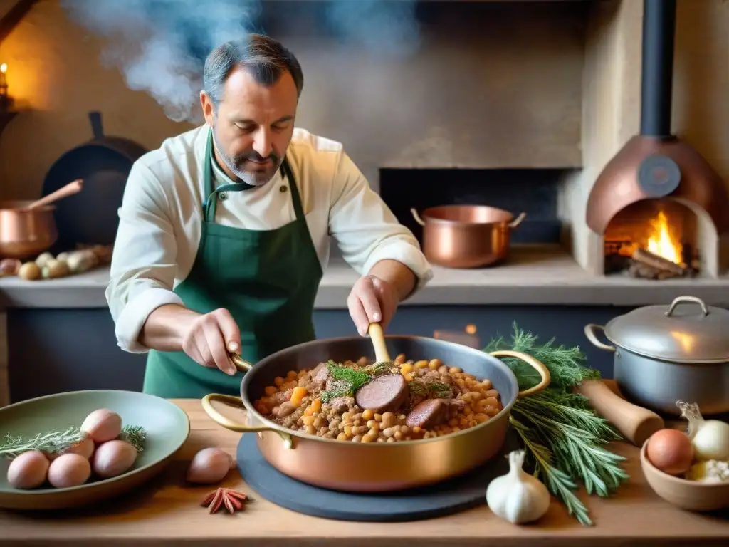 Chef preparando cassoulet en cocina rústica del Suroeste francés