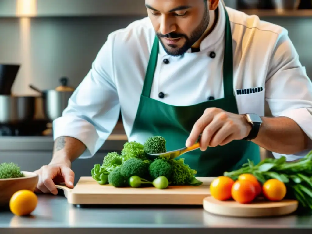 Chef en cocina sostenible usando impresión 3D para crear platillos plantbased, fusionando tecnología y arte culinario