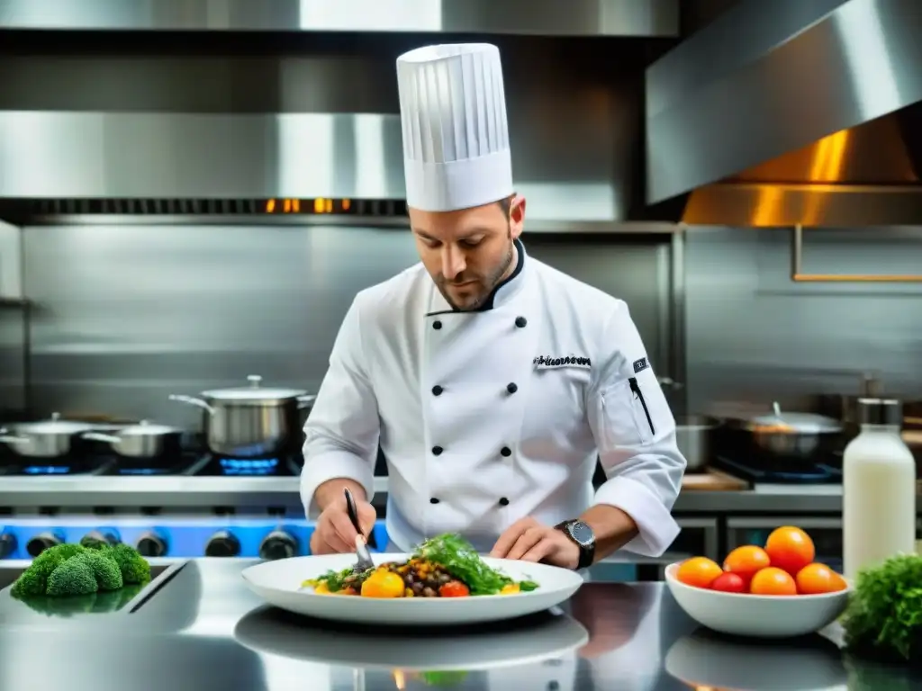 Chef francés redefiniendo cocina tradicional en elegante restaurante: plato innovador y técnica clásica