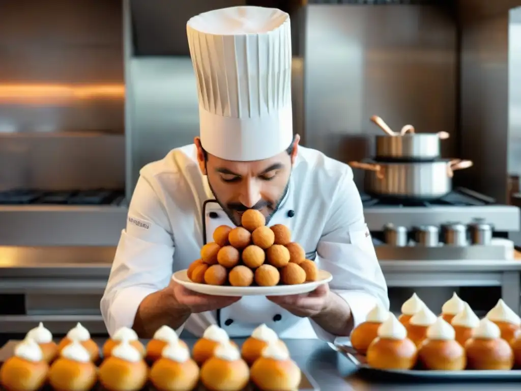 Un chef francés elabora un croquembouche en una cocina tradicional francesa