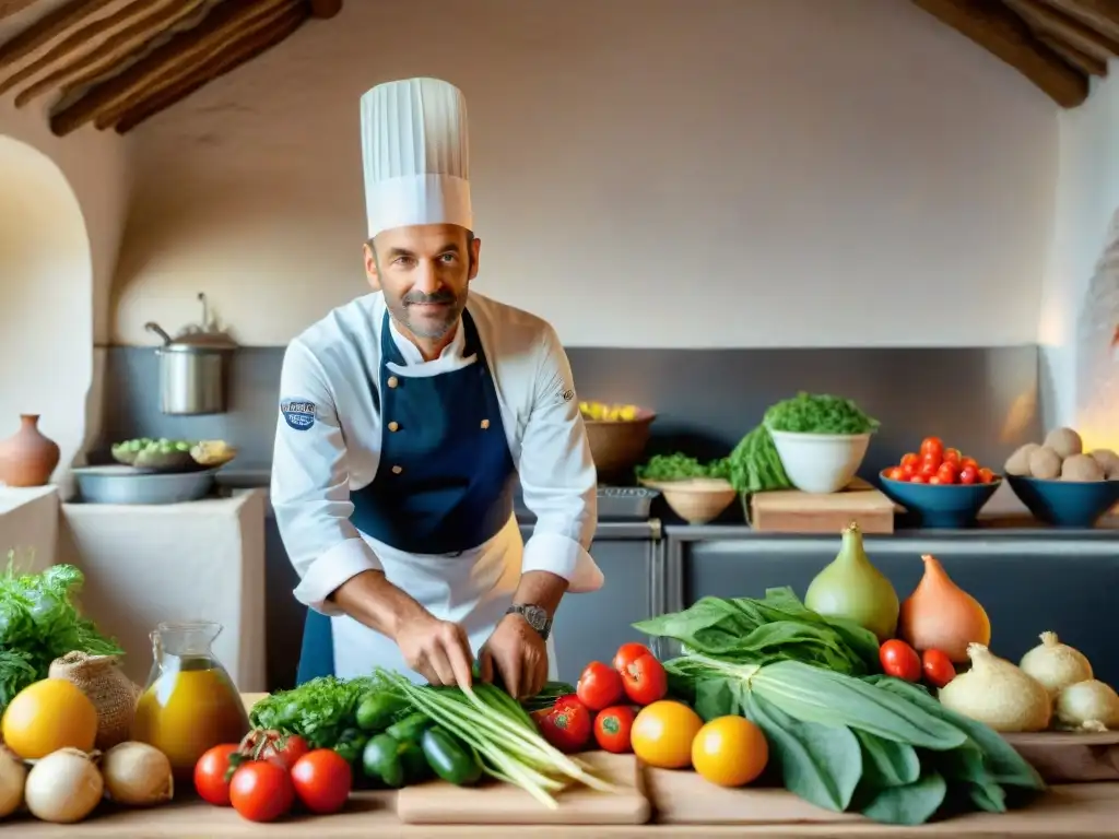 Chef francés en cocina tradicional con ingredientes frescos de granjas orgánicas francesas, destacando la gastronomía