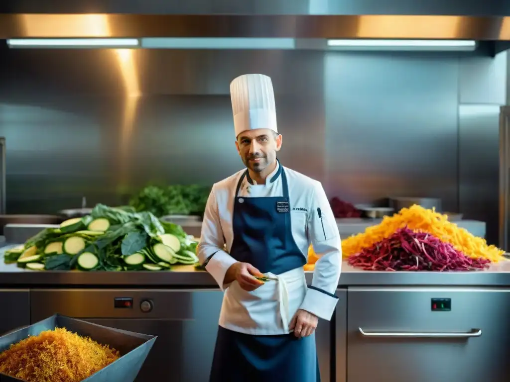 Chef francés en cocina tradicional preparando menú francés zero waste con cáscaras de verduras coloridas