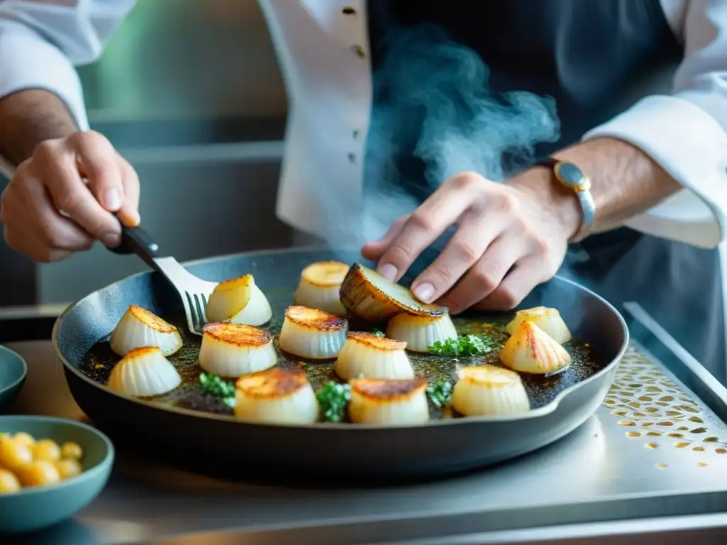 Un chef en una cocina tradicional de Normandía preparando con maestría unas doradas Coquilles Saint-Jacques