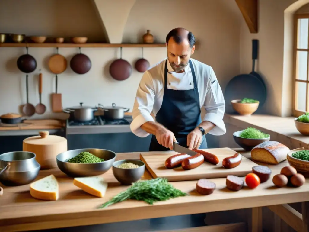 Un chef hábil corta Andouille de Vire en una cocina tradicional de Normandía, resaltando la rica gastronomía francesa