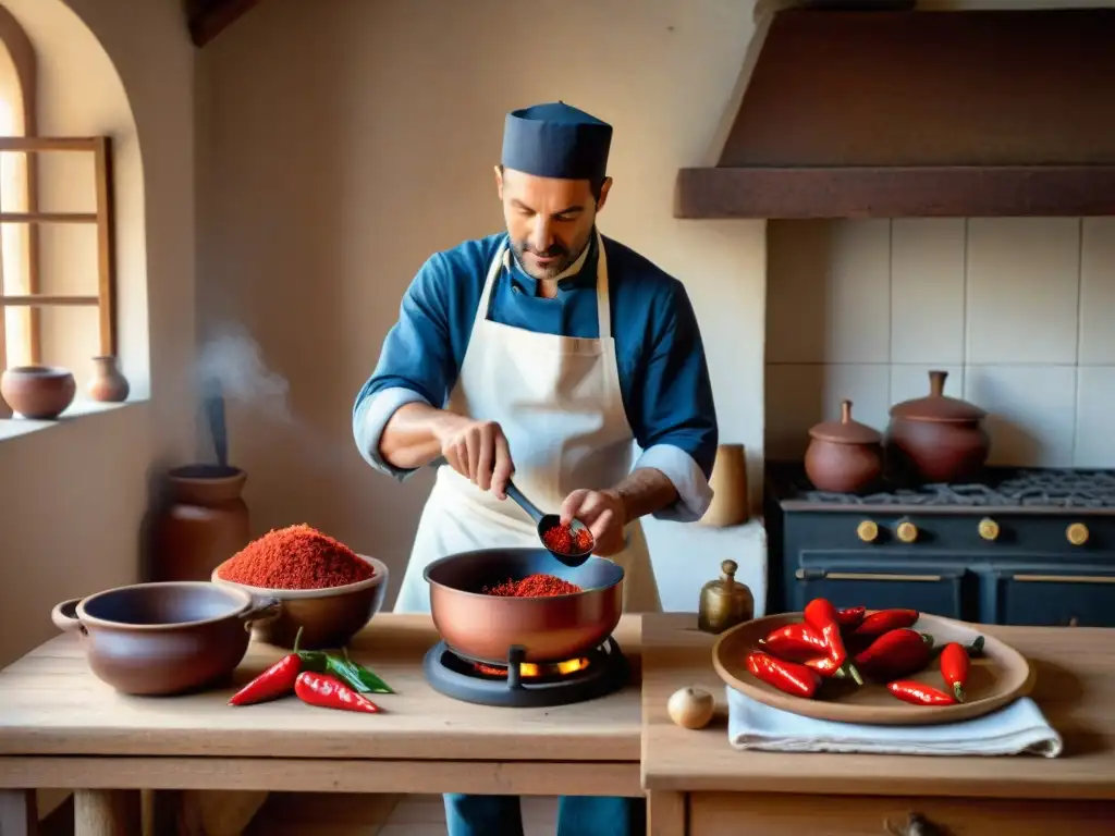 Un chef en una cocina tradicional del País Vasco-Francés muele Pimienta de Espelette en un mortero de madera oscura