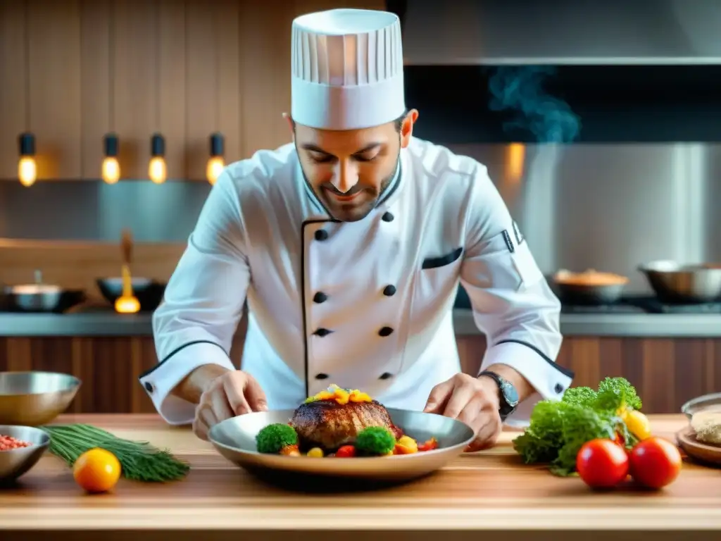 Chef francés en cocina tradicional, preparando plato sofisticado al ritmo de música clásica