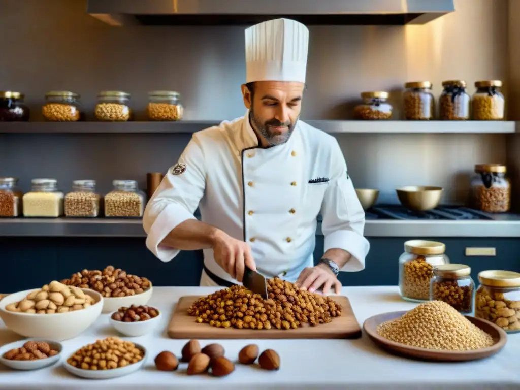 Chef francés en cocina tradicional de Provenza, fusionando frutos secos en gastronomía francesa