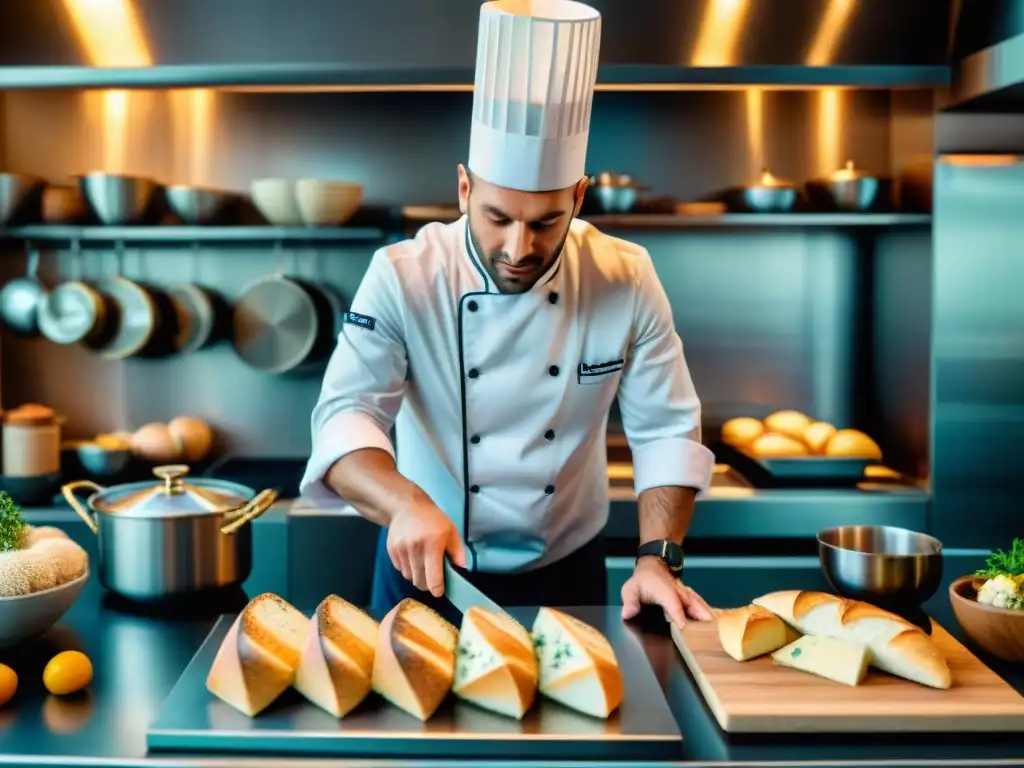 Chef francés en cocina tradicional rodeado de ingredientes clásicos y modernos, mostrando innovación culinaria en gastronomía francesa