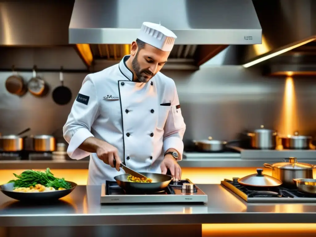 Chef francés en cocina tradicional con tecnología moderna, fusionando técnicas culinarias