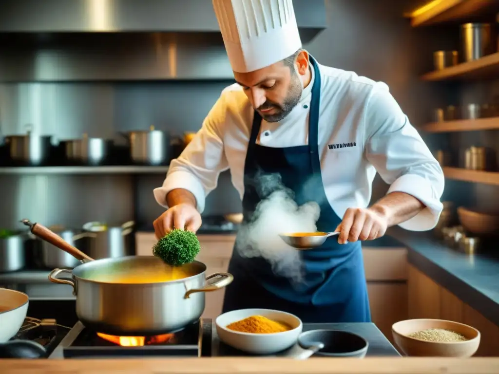 Un chef francés prepara una potage Saint-Germain en una cocina tradicional