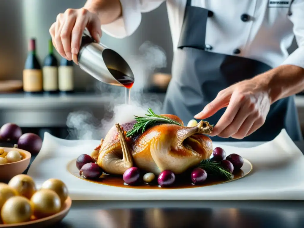 Un chef francés cocina al vacío un Coq au Vin, destacando la técnica culinaria en platos franceses