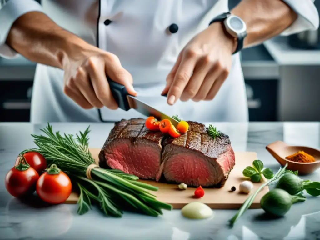 Un chef francés cocina al vacío un corte de carne perfectamente marmoleado en una cocina elegante y meticulosa