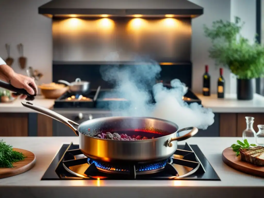 Un chef francés cocina con vino enriqueciendo platos en una cocina tradicional