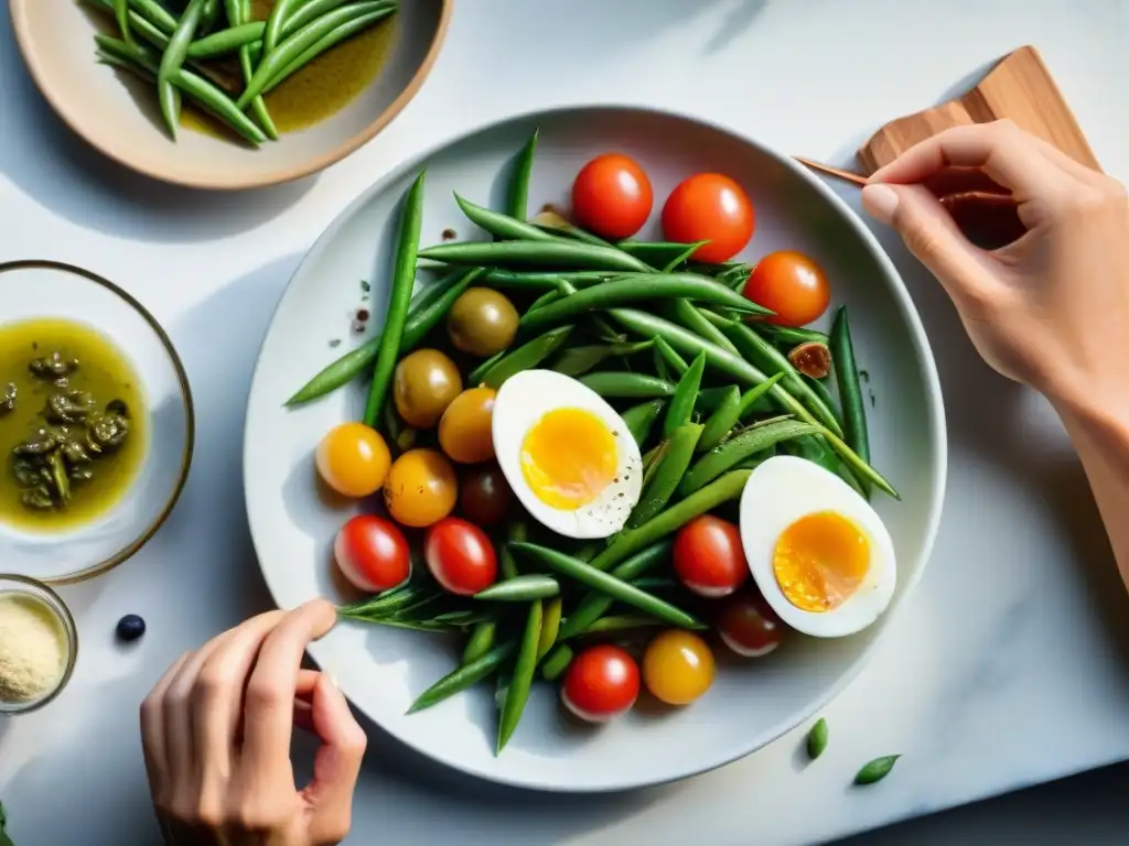 Un chef prepara una colorida ensalada Nicoise en una cocina moderna, con libros de cocina francesa al fondo