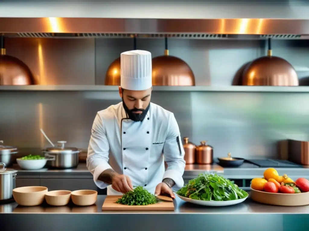 Un chef francés prepara una colorida ensalada en una cocina moderna