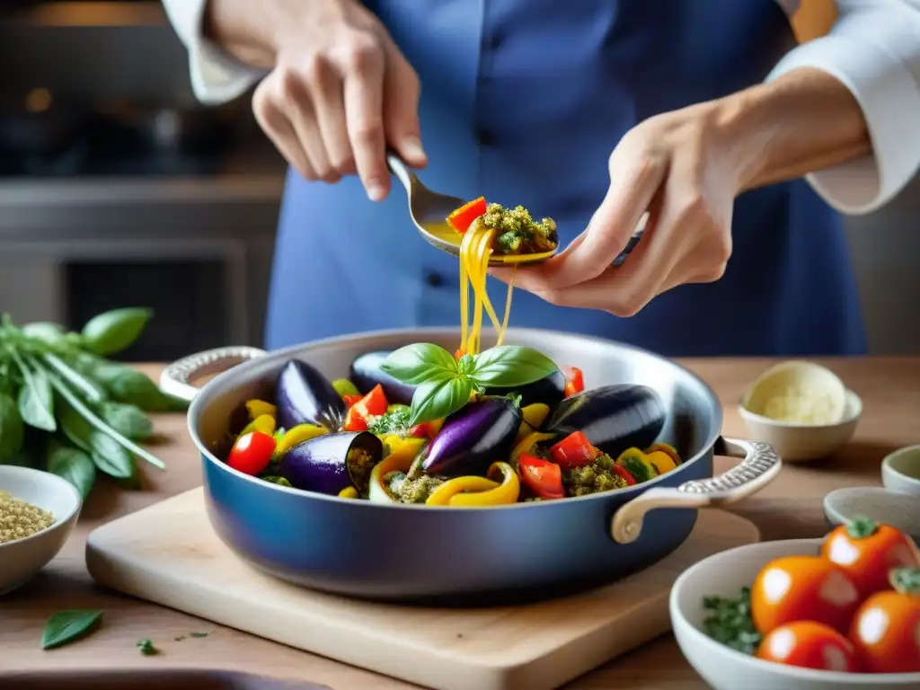 Un chef sazona con maestría una colorida ratatouille provenzal en una cocina rústica