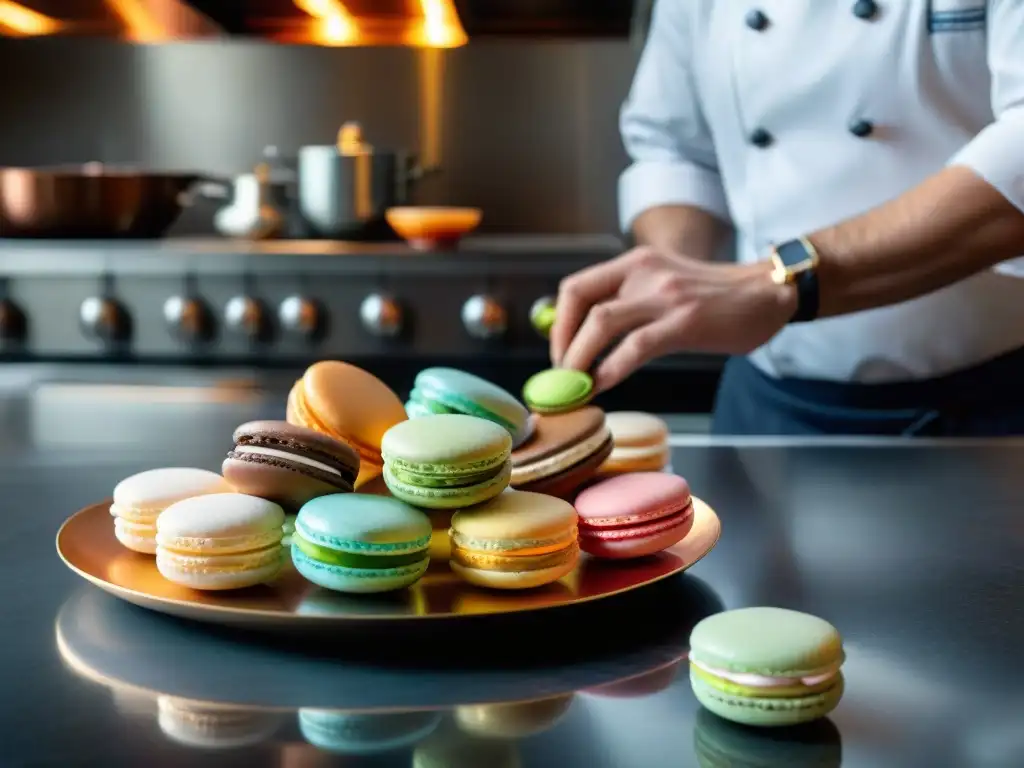 Un chef francés arregla macarons coloridos en una cocina parisina, mostrando la identidad visual para restaurantes franceses