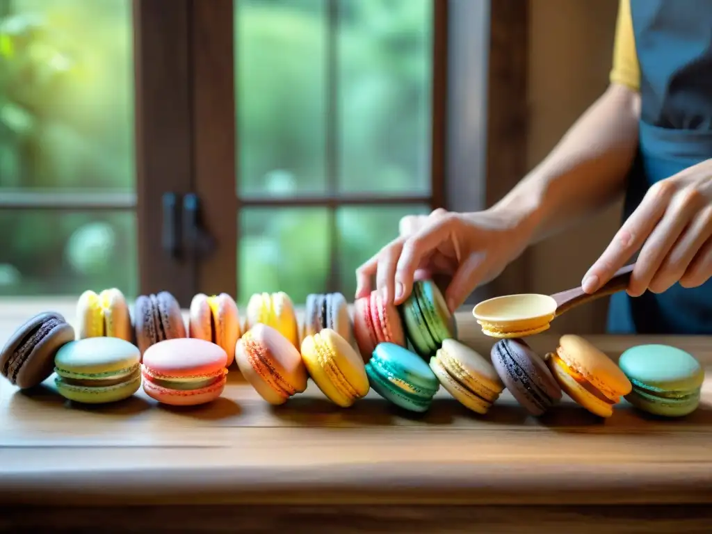 Un chef francés arregla macarons coloridos en una mesa rústica, con luz natural