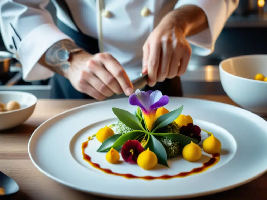 Un chef coloca con precisión flores comestibles en un plato en una elegante cocina francesa