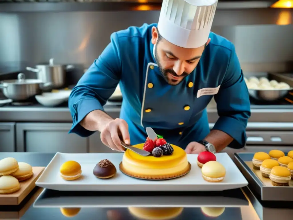 Chef en competencia de cocina estilo francés arregla pastelería delicada en plato blanco