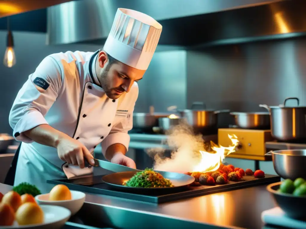 Un chef en competencia gastronómica en Francia, plato delicado y pasión en cocina bulliciosa