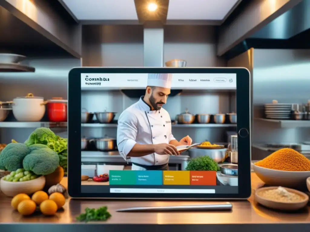 Chef concentrado en cocina caótica, analizando datos de redes sociales para personalizar menú