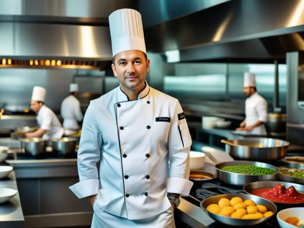 Chef concentrado en cocina de restaurante con Estrellas Michelin en Francia, plato exquisito