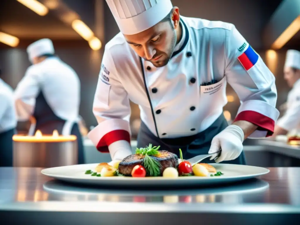 Chef concentrado en concurso gastronómico en Francia, plato delicado bajo presión