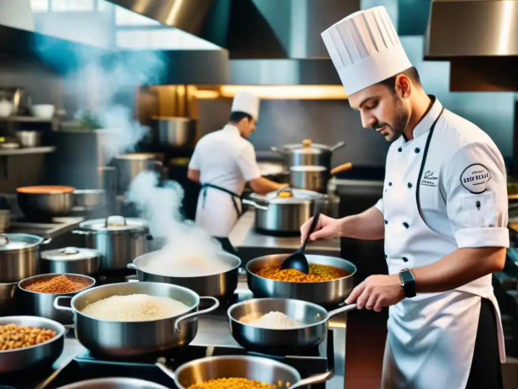 Chef concentrado removiendo olla en cocina bulliciosa, rodeado de utensilios y ingredientes