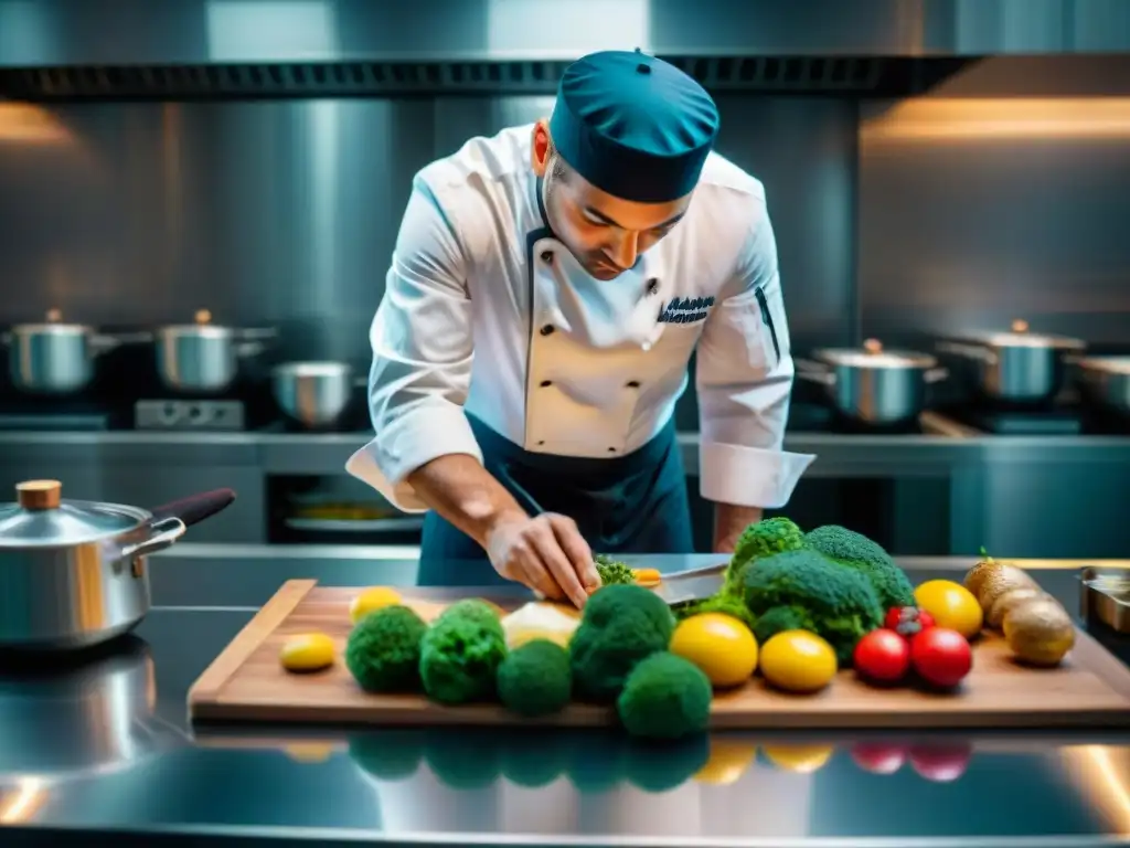 Chef concentrado en plato gourmet en cocina moderna de restaurante estrella Michelin en Francia