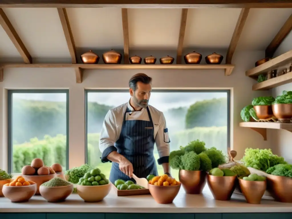 Chef inspecciona conservas en cocina francesa con técnicas de conservación gastronomía francesa